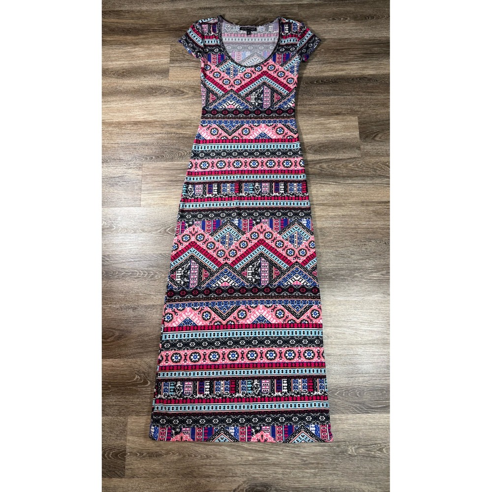 Tribal Print Maxi Dress Geometric Pink Blue Short Sleeve Womens S Derek Heart